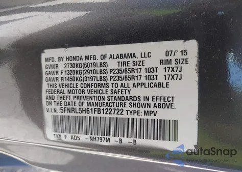 2015 Honda Odyssey Ex-L from USA, damaged, VIN 5FNRL5H61FB122722